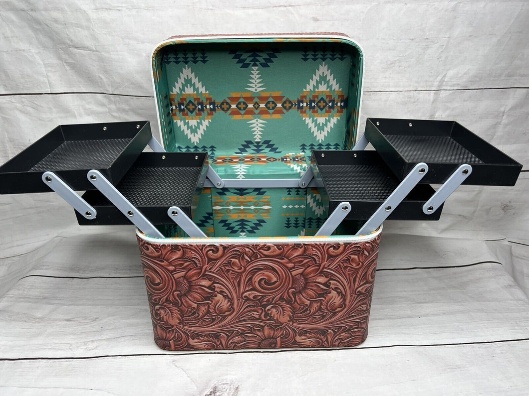 Tooled Leather Print & Turquoise ~ Makeup ~ Case