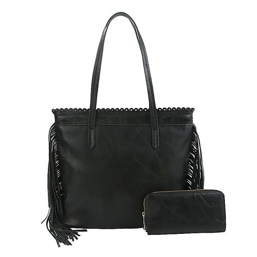 Black ~ Fringe ~ Tote ~ Bag ~ Set