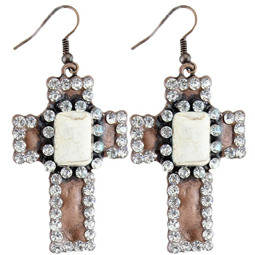 Rhinestone & Turquoise Copper Cross Earrings