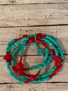 Faux Turquoise & Coral Stretch Stack Bracelet